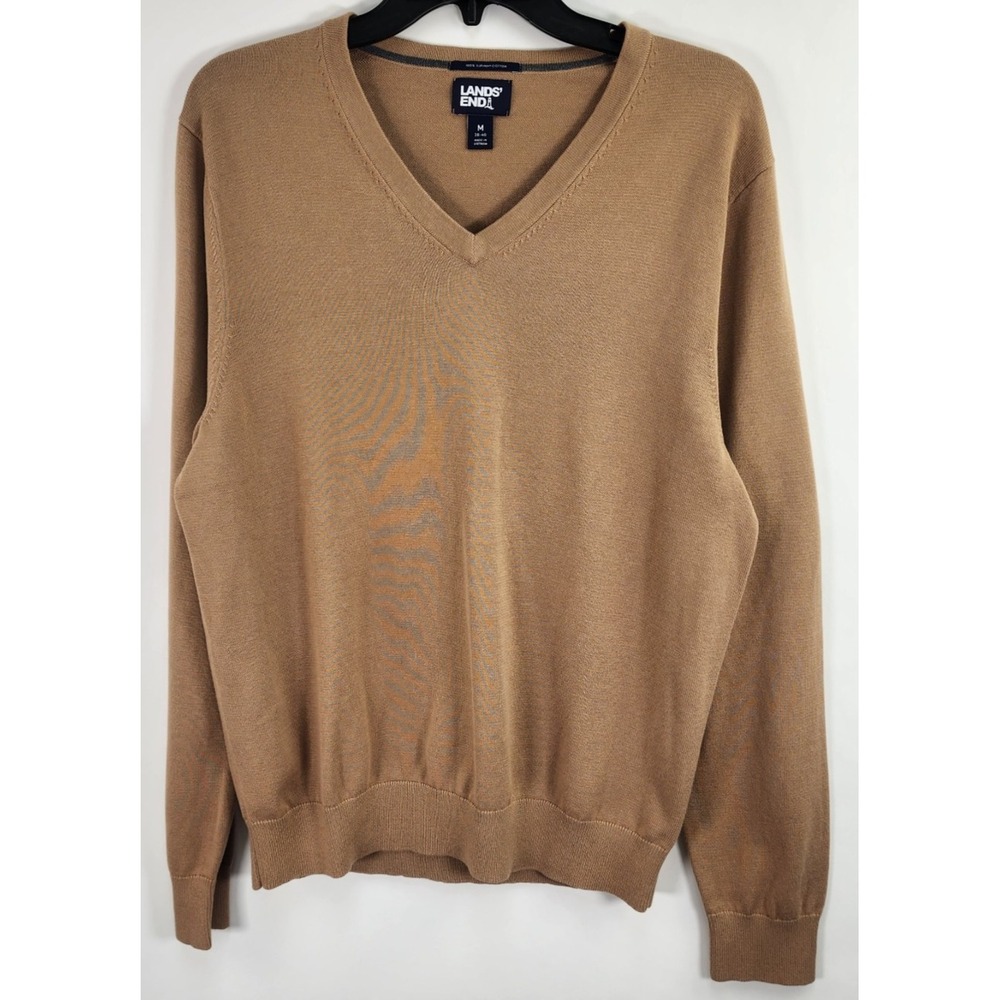 Lands' End V-Neck Sweater Men's M Camel Brown Supima Cotton Preppy Old Money